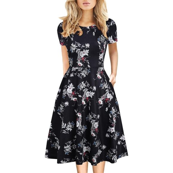 Women's Black White Elegant Knee Length Vintage A-Line Swing Dress with Pockets - Picture 1 of 5